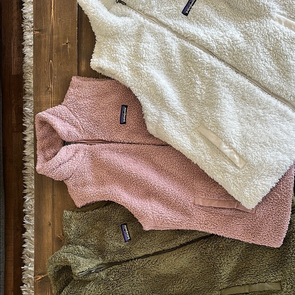 Patagonia Fleece Vests in White, Pink, and Green
